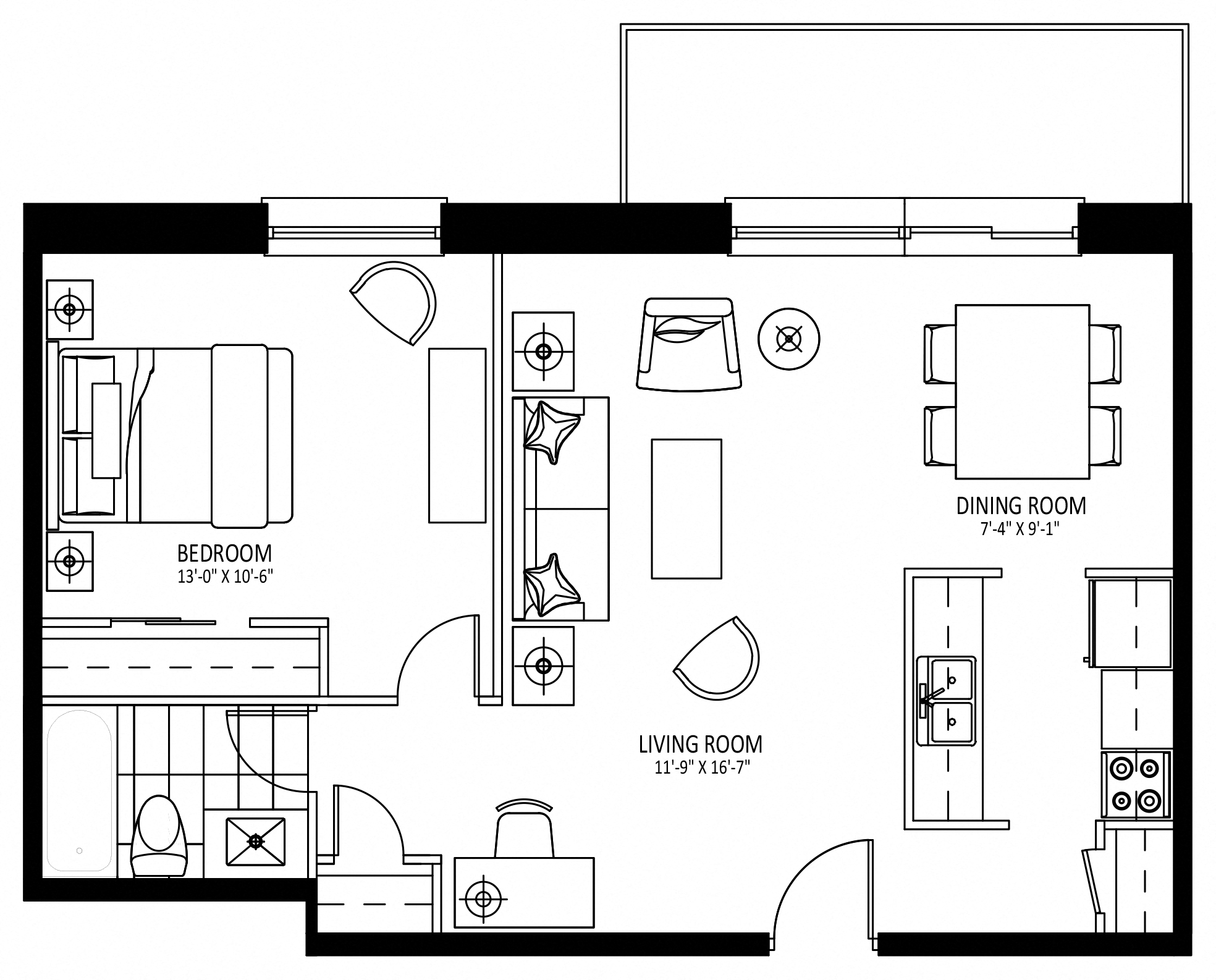 Floor plan for 1 bed, 1 bath, 716 sqft